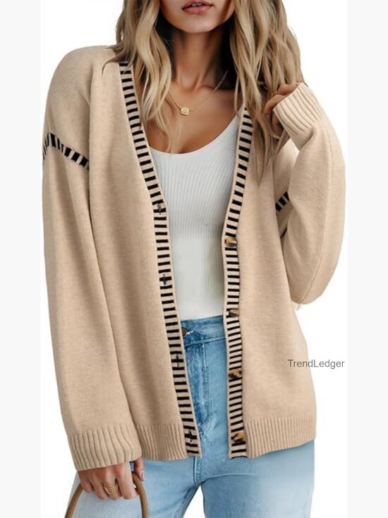 Sweaters - Oversized Button Front Cardigan Sweater Long Sleeve Striped Trim Fall Winter